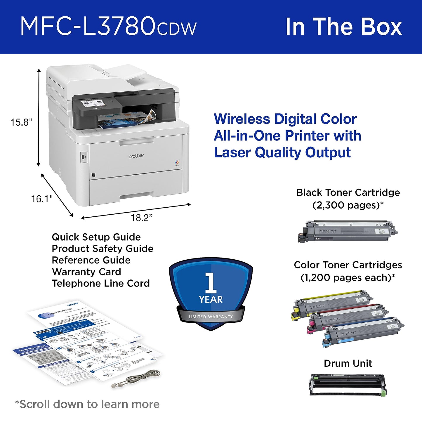 Brother MFC-L3780CDW Wireless Digital Color All-in-One Printer with Laser Quality Output, Single Pass Duplex Copy & Scan | Includes 4 Month Refresh Subscription Trial ¹ Amazon Dash Replenishment Ready