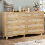AOGLLATI Rattan Dresser for Bedroom with 9 Drawer, Modern Wooden Long Bedroom Dresser, Chest of Drawers with Metal Handle & Solid Wood Legs for Bedroom/Living Room, Wood AOGLLATI