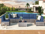 U-MAX 7 Piece Outdoor Patio Furniture Set, PE Rattan Outdoor Grey Wicker Furniture, Outdoor Sectional Furniture Chair Set with Cushions and Tea Table, Grey Rattan and Navy Cushion U-MAX