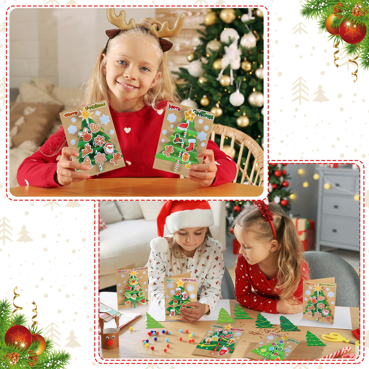 Justforjoyful 24 Sets Christmas Card Making Craft Kit for Kids 3D Christmas Tree Cards Crafts DIY Handmade Greeting Card Holiday Xmas Art and Crafts Supplies for Christmas Home Classroom Activities Justforjoyful