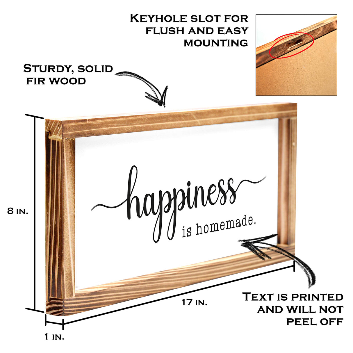 Happiness Homemade Inspirational Farmhouse Decor, Rustic Wall Art, 8x17 Inch Wood Framed MAINEVENT
