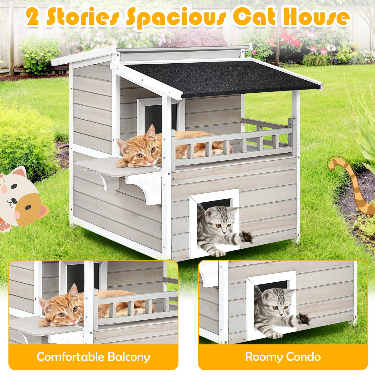 Tangkula Outdoor Cat House Wooden, 2-Story Outside Cat Shelter Condo Enclosure with Escape Door, Asphalt Roof, Balcony, Jumping Platform, Weatherproof Tangkula