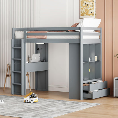 Harper & Bright Designs Twin Size Loft Bed with Desk & Storage Shelves, Wood Loft Bed Twin Size with LED Lights, Hight Loft Bed Frame for Kids,Boys,Girls,Teens, Gray