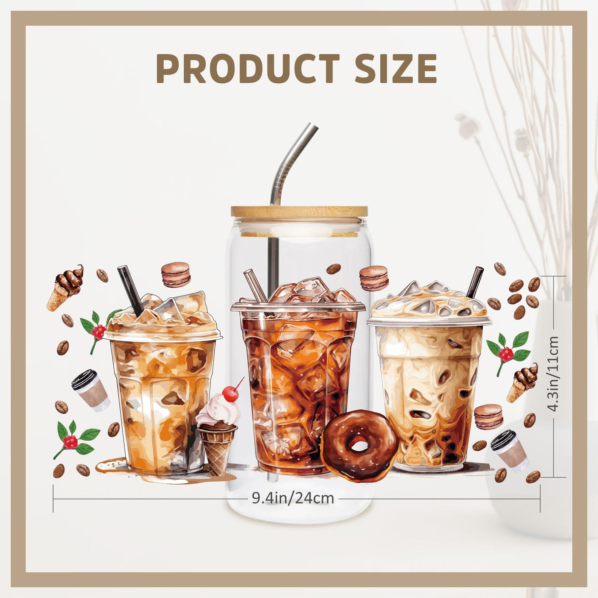 UV DTF Cup Wraps Transfer - 8 Sheets Coffee UV DTF Transfer Sticker for 16 OZ Glass, Coffee Dessert Love Icecream Bread Design, Ready to Press, Waterproof DIY Crafts CRASHOT