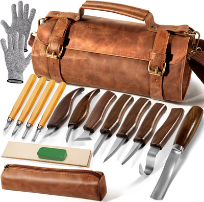 Wood Carving Kit with Sharp Carving Tools – Deluxe Wood Whittling Kit, Carving Knife Set with PU Leather Storage Bag – Complete Woodworking Tools for Beginners and Professionals