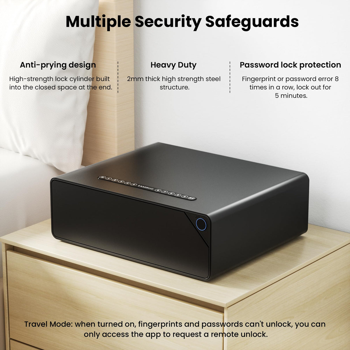 EAMIRUO Smart Gun Safe - Biometric Gun Safe for 2-4 Pistols Quick Access Handgun Safe with Fingerprint/Keypad/Key/App Control, Pistol Safe for Nightstand Bedside Home Office（Black) EAMIRUO