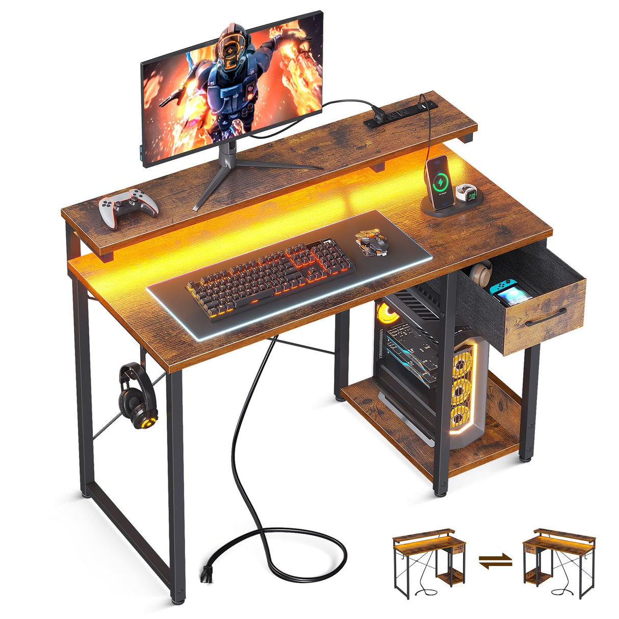 AODK Gaming Desk with LED Lights & Power Outlet, 40 Inch Small Computer Desk with Drawer, Reversible Desk with Adjustable Monitor Shelf & Headphone Hook for Home Office, Rustic Brown AODK