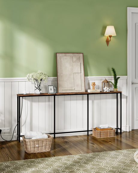 CHOEZON 70.9" Narrow Console Table with Power Outlet 7.1" Skinny Sofa Table, Long Behind Couch Table with Charging Station, Entryway Table for Hallway, Living Room Rustic Brown and Black TXG18UBF CHOEZON