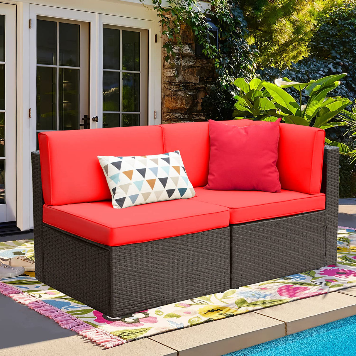 Devoko 2 Pieces Patio Furniture Sofa Sets Outdoor All-Weather Sectional Corner Sofa and Armless Sofa (Red) Devoko