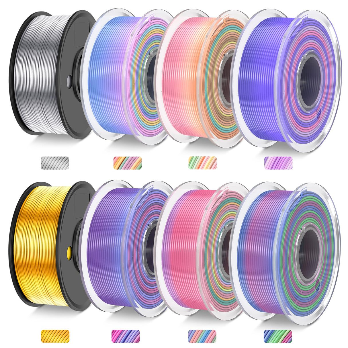 JAYO 3D Printer Filament Bundle, PLA Silk Filament Bundle Multicolor, Shiny Silk PLA Filament 1.75mm, Fast Color Change Rainbow Filament, Individually Vacuum Packed, 250g Spool, 8 Rolls, 2kg in Total JAYO