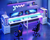 Casaottima 59 Inch Gaming Desk with USB Charging Ports & LED Light - Reversible Computer Desk with 3 Fabric Drawers, Monitor Stand, CPU Stand, and Side Hook, Modern Office Desk, White Casaottima