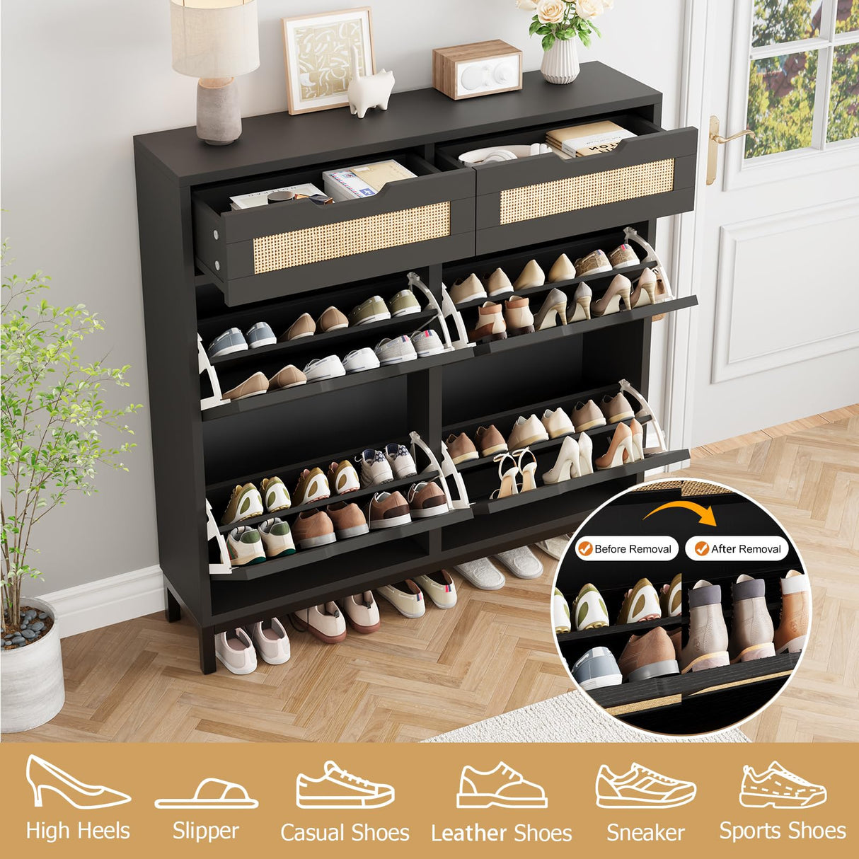 Jocoevol Rattan Shoe Cabinet for Entryway with 4 Flip Drawers & 2 Top Drawers, Freestanding Narrow Shoe Storage Cabinet with Metal Legs for Foyer, Hallway (Black) Jocoevol