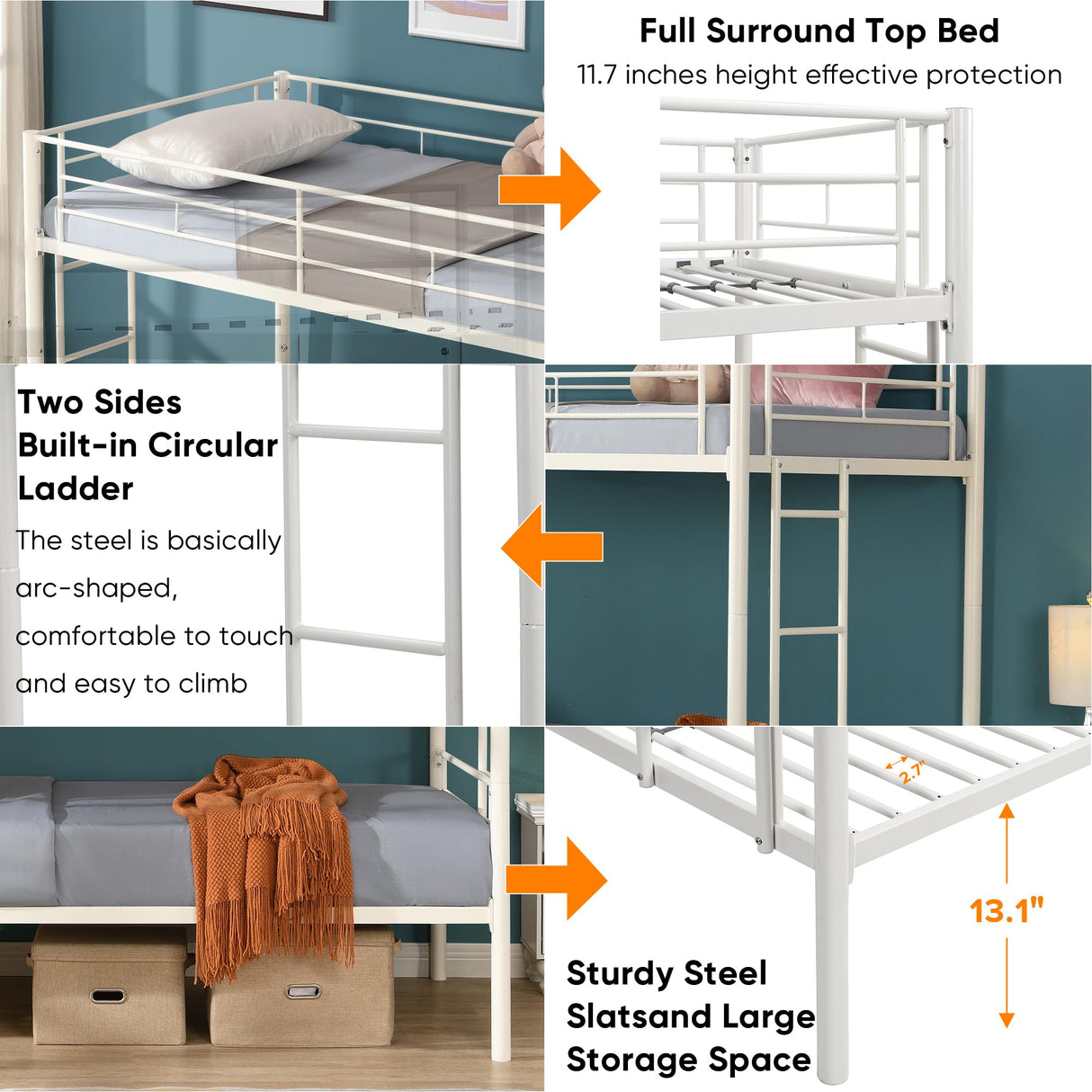 HomJoones Twin Over Twin Metal Bunk Bed with Trundle Heavy Duty Twin Size Metal Bunk Beds Frame with 2 Side Ladders Convertible Bunkbed with Safety Guard Rails,No Box Spring Needed (White2) HomJoones