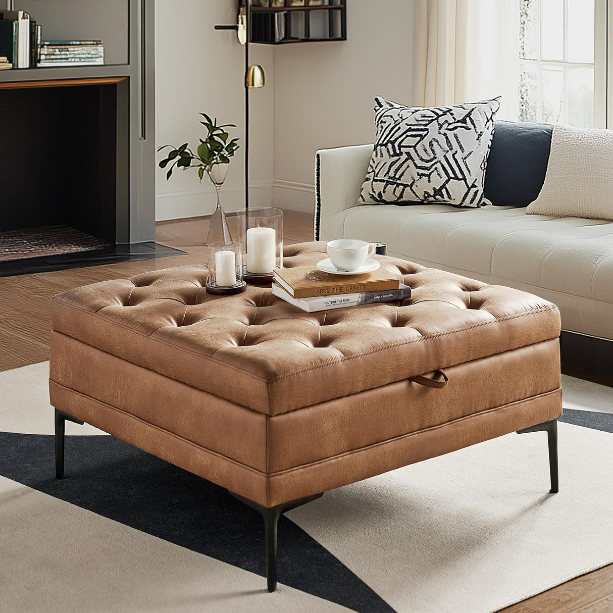 HULALA HOME Faux Leather Coffee Table, 36.5" Square Storage Ottoman with Metal Legs, Button-Tufted Coffee Table with Storage for Living Room, Camel HULALA HOME