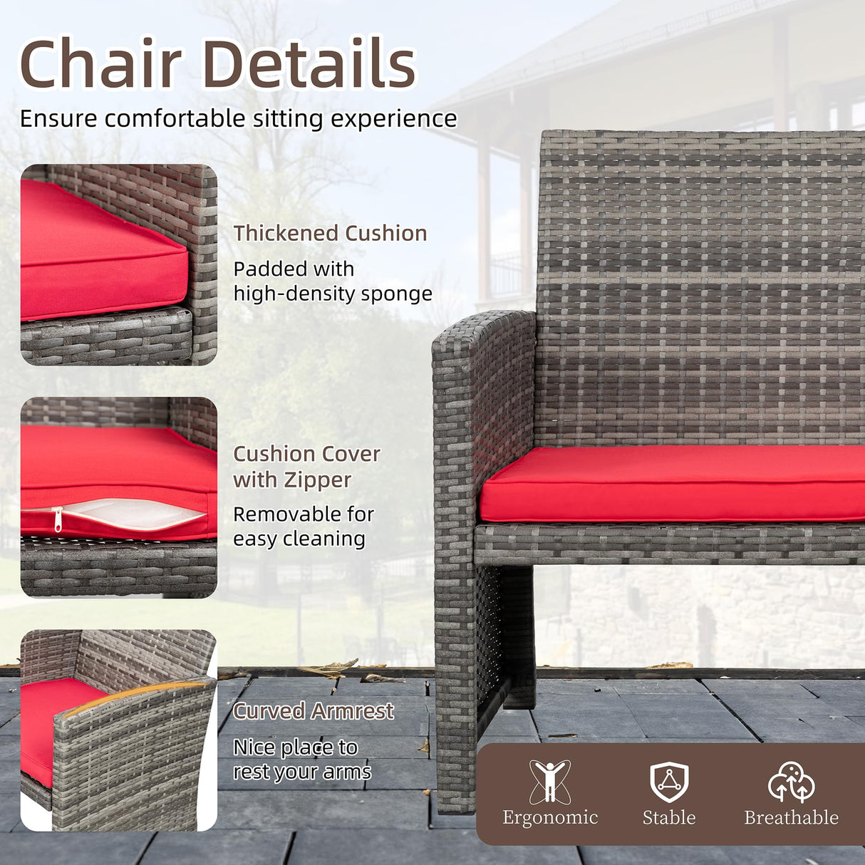 Shintenchi 4 Piece Patio Ratten Set Outdoor Furniture Set Wicker Conversation Set with Cushions and Tempered Glass Tabletop,Red Shintenchi