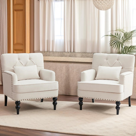 HUIMO Tufted Club Chair Set of 2,Accent Chair with Lumbar Pillow, Upholstered Button Armchair, Fabric Sofa Chairs for Bedroom, Living Room, Mid Century Modern with Studded Reading Chair(2,Beige) HUIMO