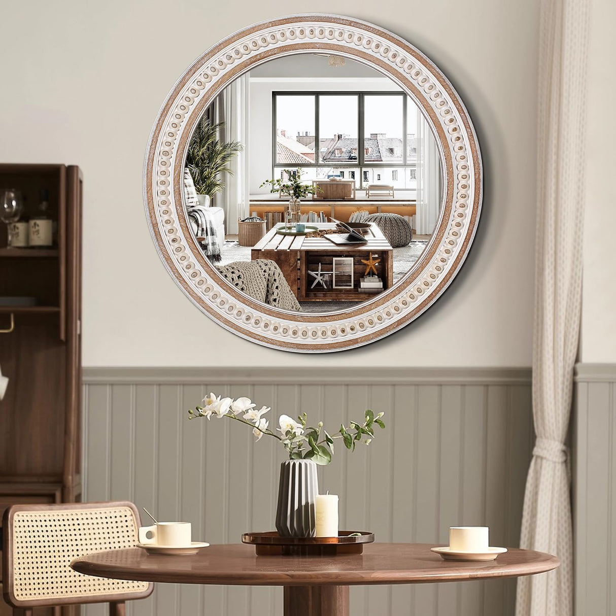 24 Inches Rustic Round Wall Mirrors - Wooden Farmhouse Circle Mirror for Bathroom, Entryway, Bedroom, Living Room, Entryway Decorative Decointo
