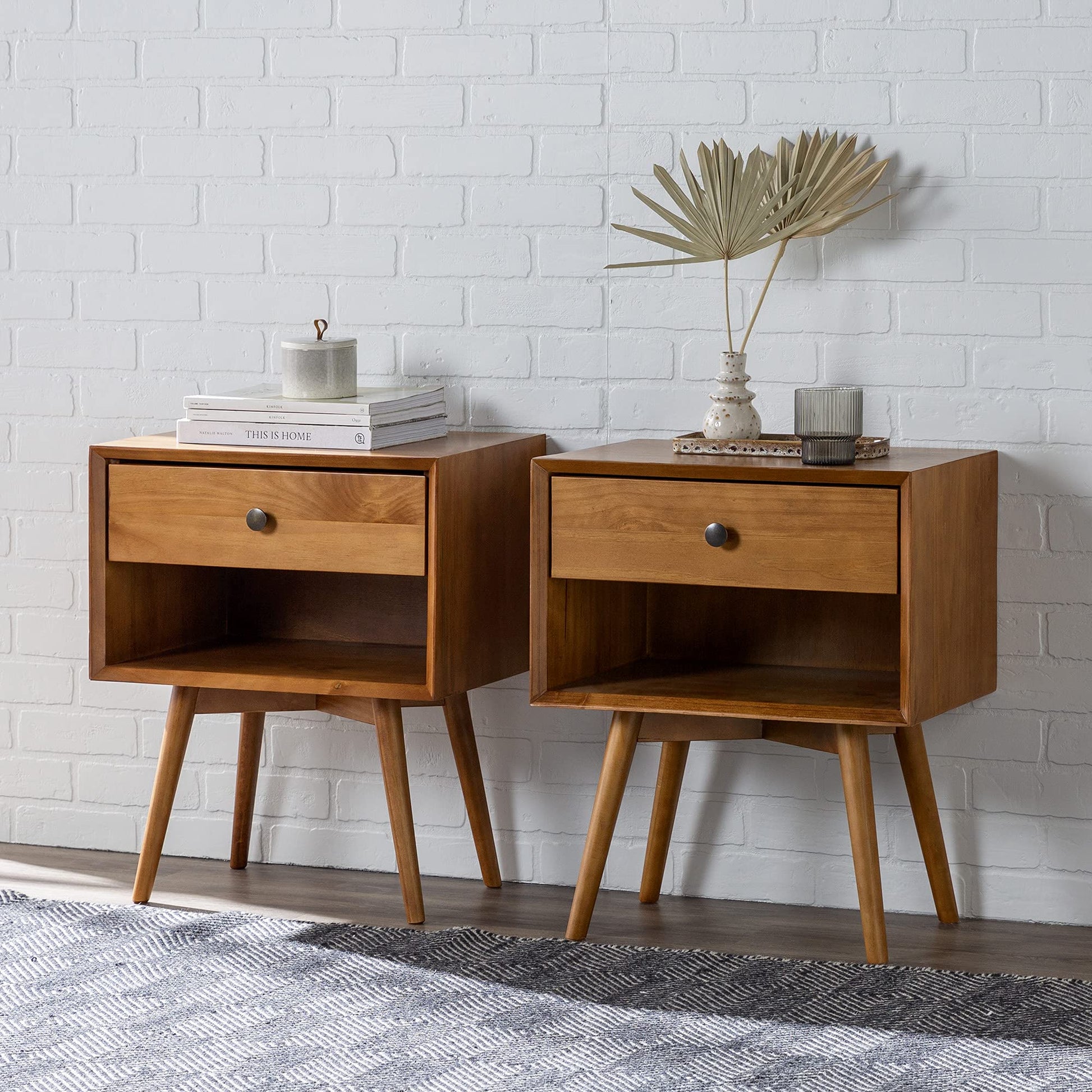 Walker Edison Ella Mid-Century Modern 2-Piece 1-Drawer Solid Wood Nightstand Set, 2 Pack, Caramel - WoodArtSupply