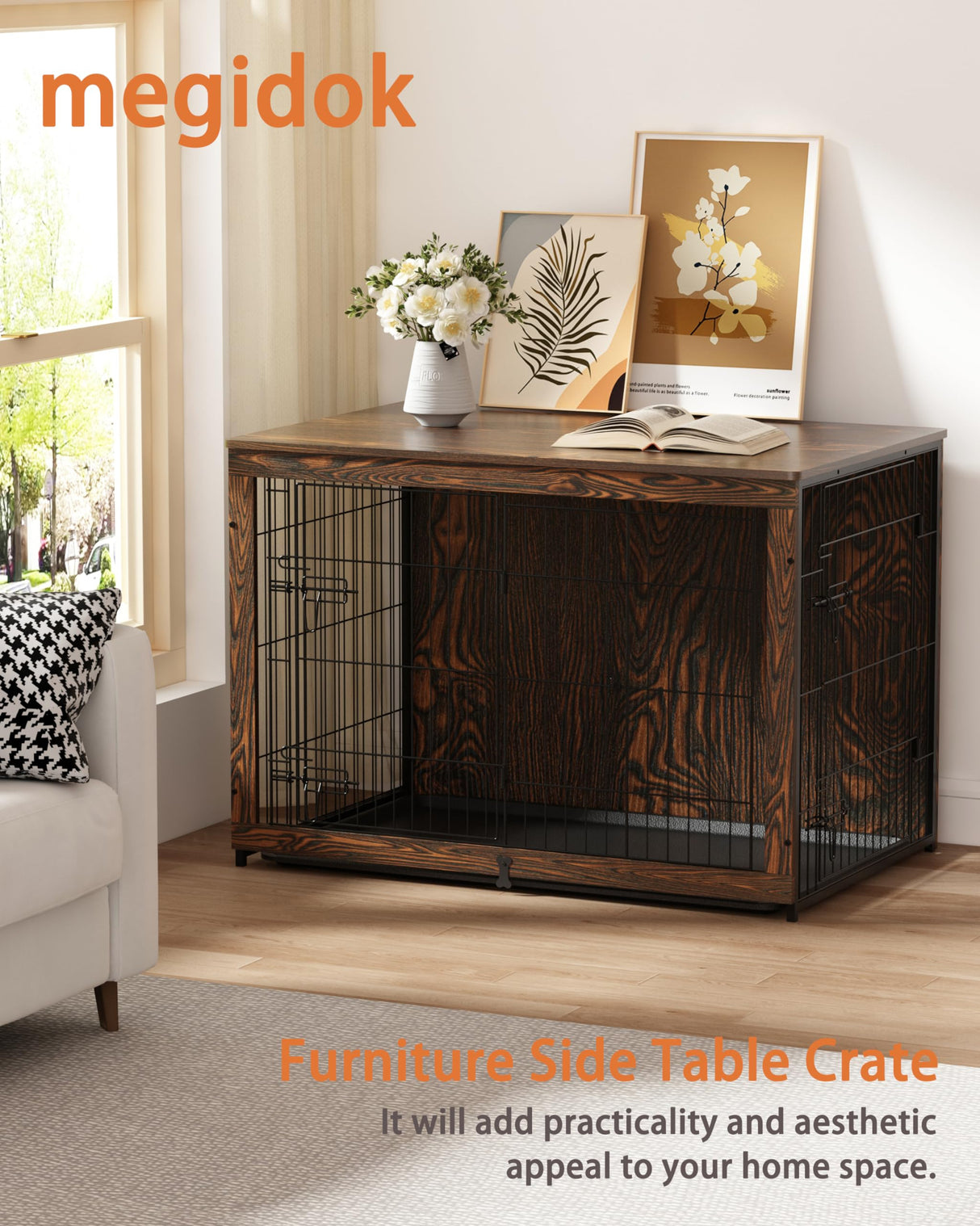 Megidok Wooden Dog Crate Furniture with Cushion, Dog Crate End Table with Tray, Double Doors Dog Crate(XL:43.1" L *28.6" W*30.3" H, Rustic Style) Megidok