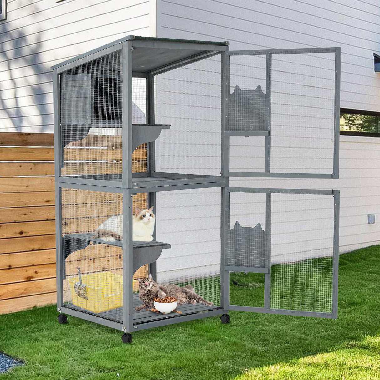 GarveeLife Large 2-Tier Outdoor Cat House, Small Animal Enclosure with 2 Lockable Doors, Catio with Waterproof Cover and Sunshine Panel Roof, Portable Kitty House with Resting Boxes & Fixable Wheels GarveeLife