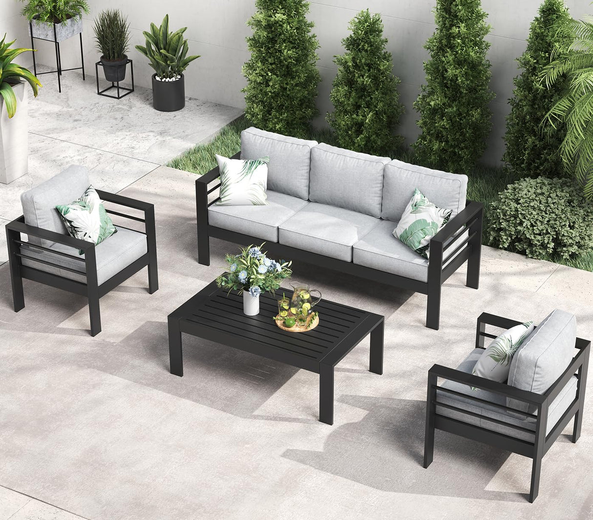 LayinSun Outdoor Aluminum Furniture Set, 4 Pieces Patio Sectional Conversation Chat Sofa Modern Seating Set with Coffee Table LayinSun