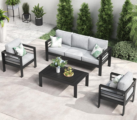 LayinSun Outdoor Aluminum Furniture Set, 4 Pieces Patio Sectional Conversation Chat Sofa Modern Seating Set with Coffee Table LayinSun
