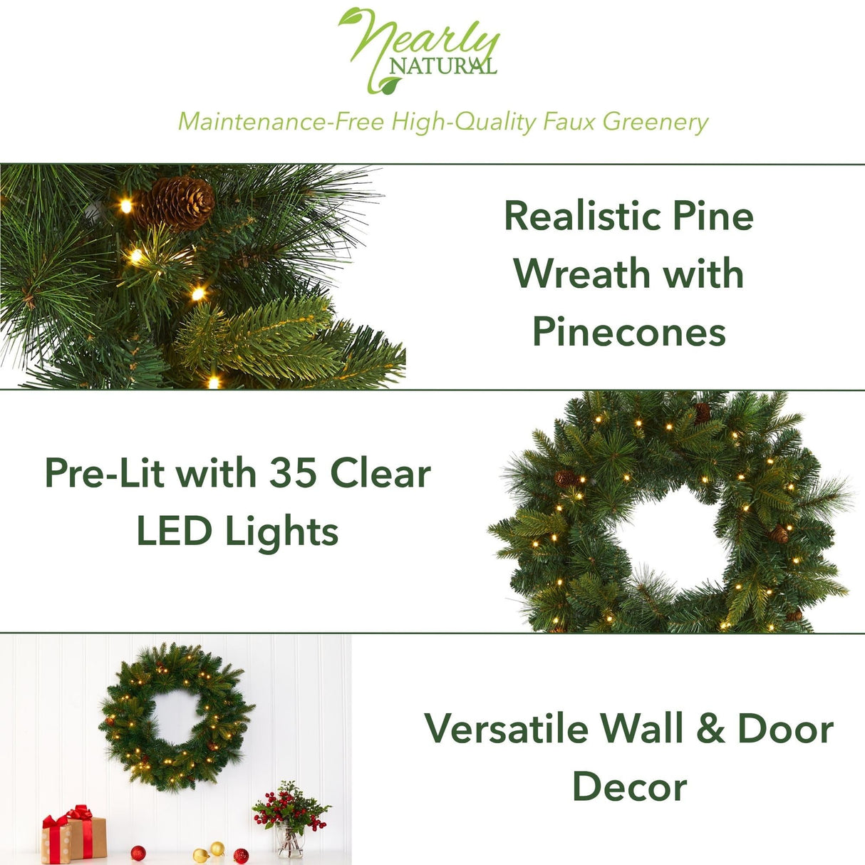 Nearly Natural 24in. Mixed Pine Artificial Christmas Wreath with 35 Clear LED Lights and Pinecones Nearly Natural