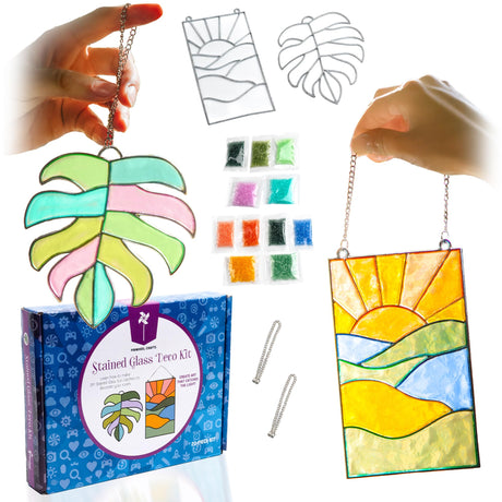 Pinwheel Crafts DIY Stained Glass Kit for Kids - Stain Glass Art Gift Set with 2 Decorative Frames, Hanging Chain, Ring and Colored Beads - Fun Windows Art Suncatcher Kit for Kids, Teens and Adults Pinwheel Crafts