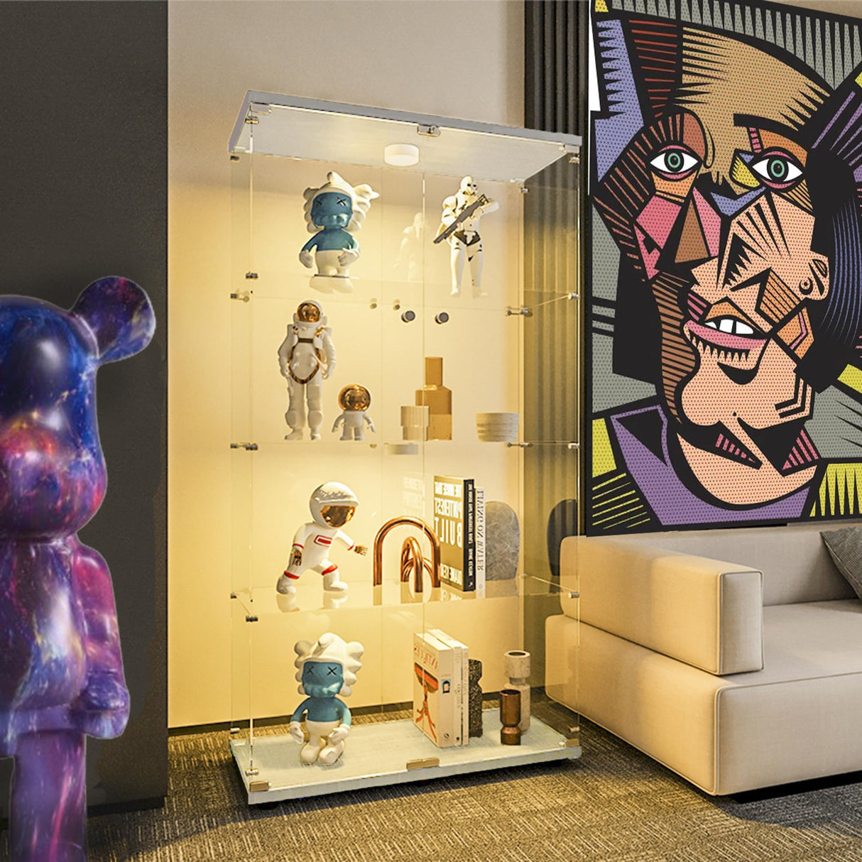 Zacis Glass Display Cabinet with Lights and Lock, 4-Tier Display Case Curio Cabinet with Glass Door, Floor Standing Showcase for Living Room Bedroom Home Office 31" W x 14.3" D x 64.5" H Zacis