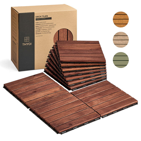 THYOI 10PCS 6 Slats Wood Deck Tiles, 12"x12" Interlocking Deck Tiles, Water Resistant for Indoor & Outdoor, Balcony Flooring, Square Joint (Dark Brown - Normal Base) THYOI