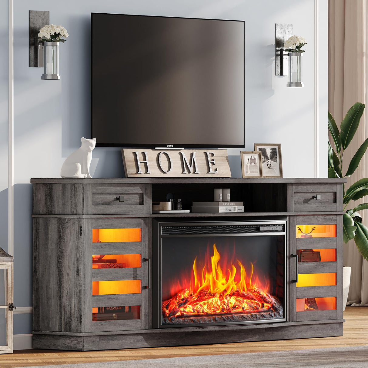 AMERLIFE 70" Curved Fireplace TV Stands with 36'' Electric Fireplace, Farmhouse LED Entertainment Center for TVs up to 80'' with Glass Door & Adjustable Shelves, Wash Gray AMERLIFE