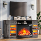 AMERLIFE 70" Curved Fireplace TV Stands with 36'' Electric Fireplace, Farmhouse LED Entertainment Center for TVs up to 80'' with Glass Door & Adjustable Shelves, Wash Gray AMERLIFE