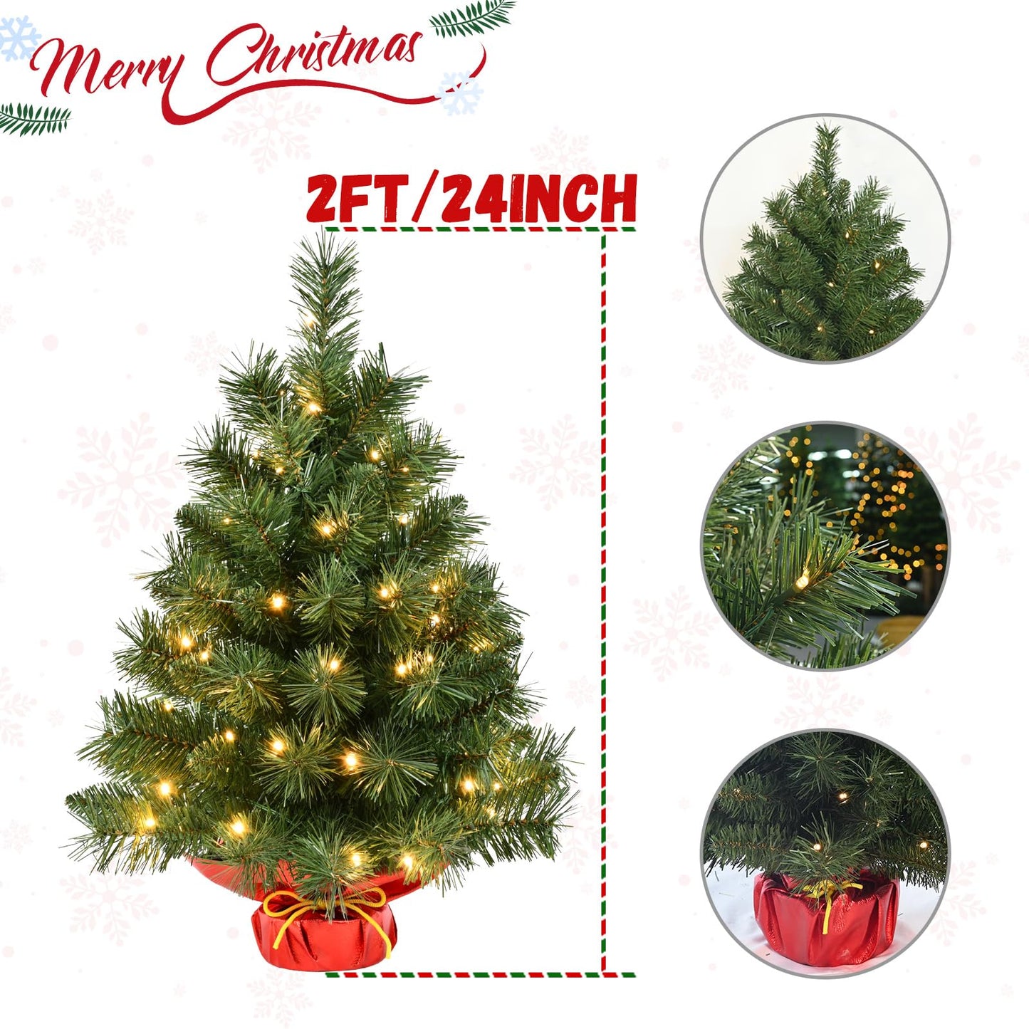 Pre-lit Artificial Mini Christmas Tree | Leeheeyee 2ft Tabletop Christmas Tree with 50 LED Lights, Battery Operated Small Xmas Pine Tree with Burlap Base for Table Desk Home Christmas Decor