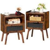 Lerliuo Rattan Nightstands Set of 2, Boho Side Table with Drawer Open Shelf, Cane Accent Bedside End Table with Solid Wood Legs for Bedroom, Dorm and Small Spaces (Brown) Lerliuo