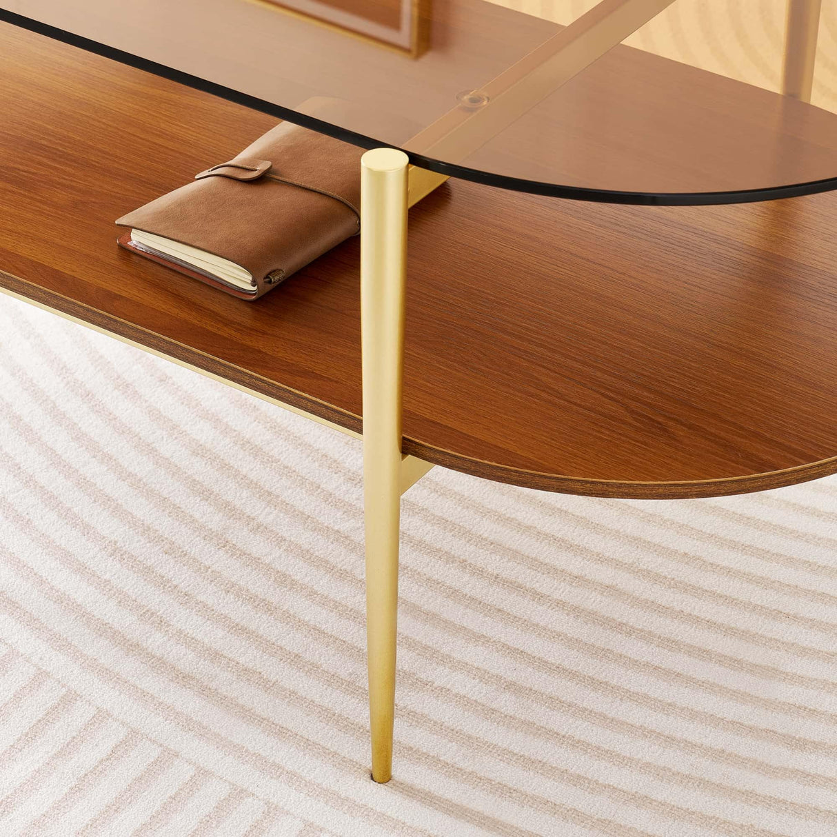 LumFurn Oval Glass Coffee Table, Mid-Century Modern Design, L41 x W21 x H17 inch, for Living Room, 2-Tier Structure, Amber Glass Top and Walnut Finish Wood Shelf, Conical Legs with Gold Finish Frame LumFurn