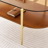 LumFurn Oval Glass Coffee Table, Mid-Century Modern Design, L41 x W21 x H17 inch, for Living Room, 2-Tier Structure, Amber Glass Top and Walnut Finish Wood Shelf, Conical Legs with Gold Finish Frame LumFurn