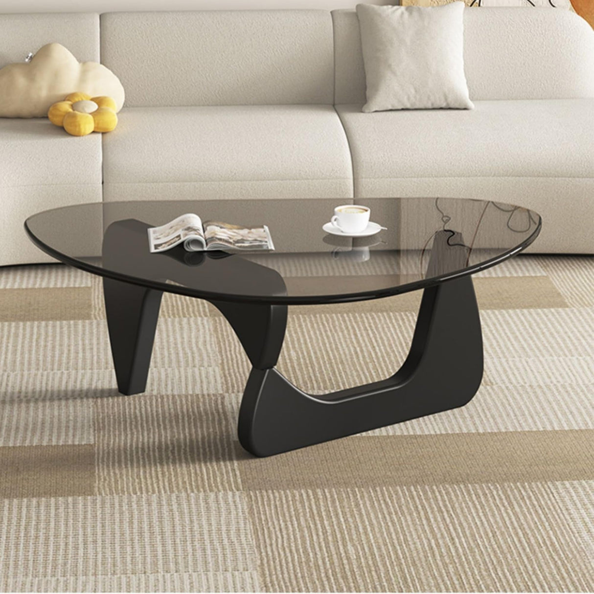 EASYSOUL Modern Glass Coffee Table, 32.68" D x 22.44" W x 15.75" H, Abstract Round Tea Tables for Living Room Home Office Industrial Cocktail Tables (Black-Gray Glass, 32.68") EASYSOUL