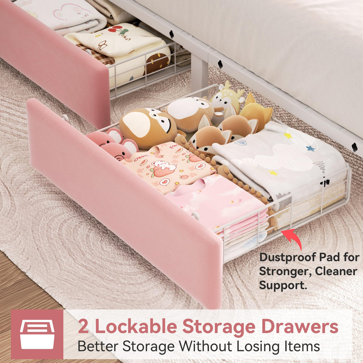 Twin Upholstered LED Bed Frame with 2 Storage Drawers and 2-Tier Storage Bookcase Headboard, Velvet Princess Platform Bed for Kids/Girls/Boys, Corner Bed Frame, Heavy Duty Metal Support, Pink Jocoevol