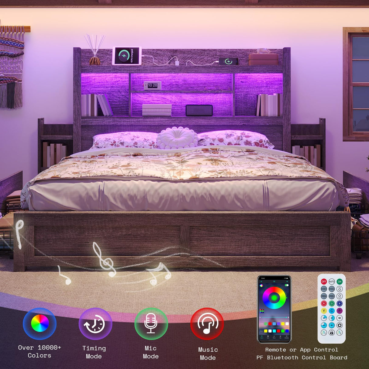 LUXOAK King Bed Frame with 49.6" Bookcase Headboard & 2 Bedside Stoage Racks & 4 Drawers, Farmhouse Wood Bed Frame with RGB LED & Charging Station, No Box Spring Needed, Grey LUXOAK