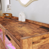 LIKIMIO 7 Drawer 47" Glass Dresser with LED and Power Strip, Wood Dressers & Chests of Drawers for Bedroom Living Room, Rustic Brown LIKIMIO