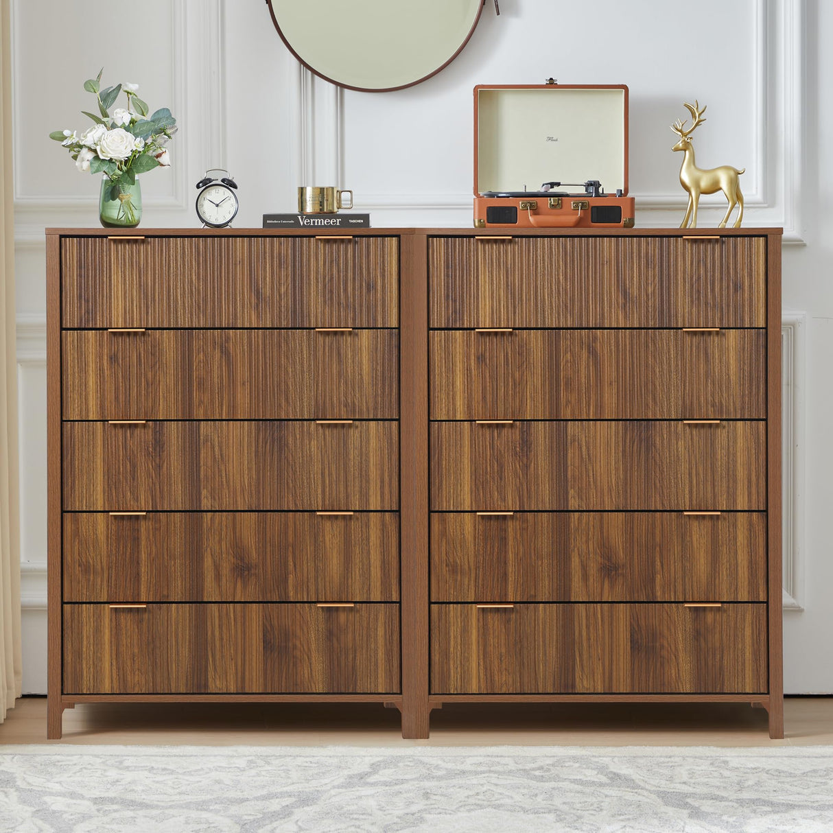 XUZENEST 5 Drawer Dressers for Bedroom, Modern Closet Chest of Drawers with Waveform Fluted Panel, Large Wood Storage Dresser Organizer for Nursery Bedroom Living Room Hallway Closet, Walnut XUZENEST