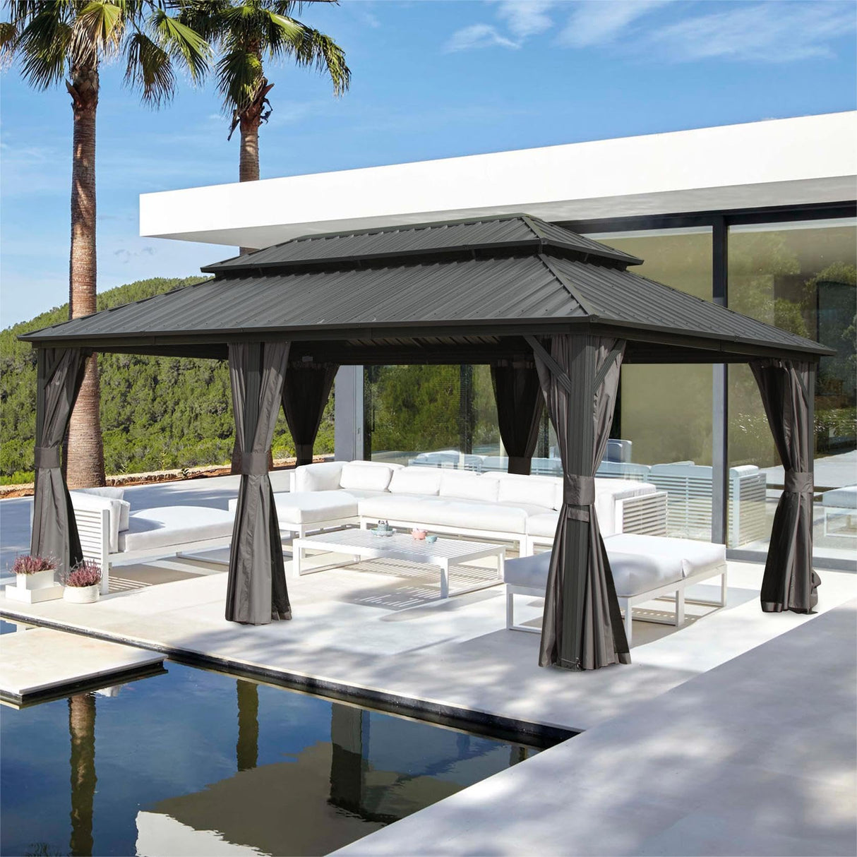 SHPAI 12’ x 20’ Hardtop Gazebo, Outdoor Aluminum Gazebo with Galvanized Steel Double Roof Canopy, Outdoor Permanent Metal Pavilion with Curtains and Netting for Patio, Backyard and Lawn, Dark Grey SHPAI