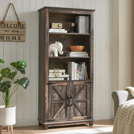 AMERLIFE Farmhouse Bookcase with Doors, 5 Shelf Bookshelf Storage Cabinet with Adjustable Shelves & Barn Door, Versatile Storage Pantry Cabinet for Bedroom, Living Room, Kitchen, Rustic Oak Black AMERLIFE