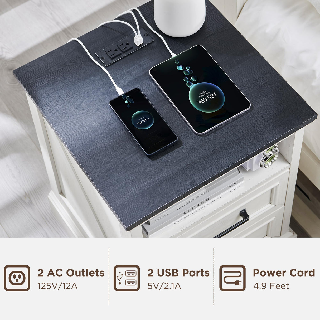 ACCOHOHO 18" Farmhouse Nightstand with Charging Station,End Table with 2 Drawers Storage,Side Table,Bedside Cabinet for Bedroom,Living Room,White ACCOHOHO