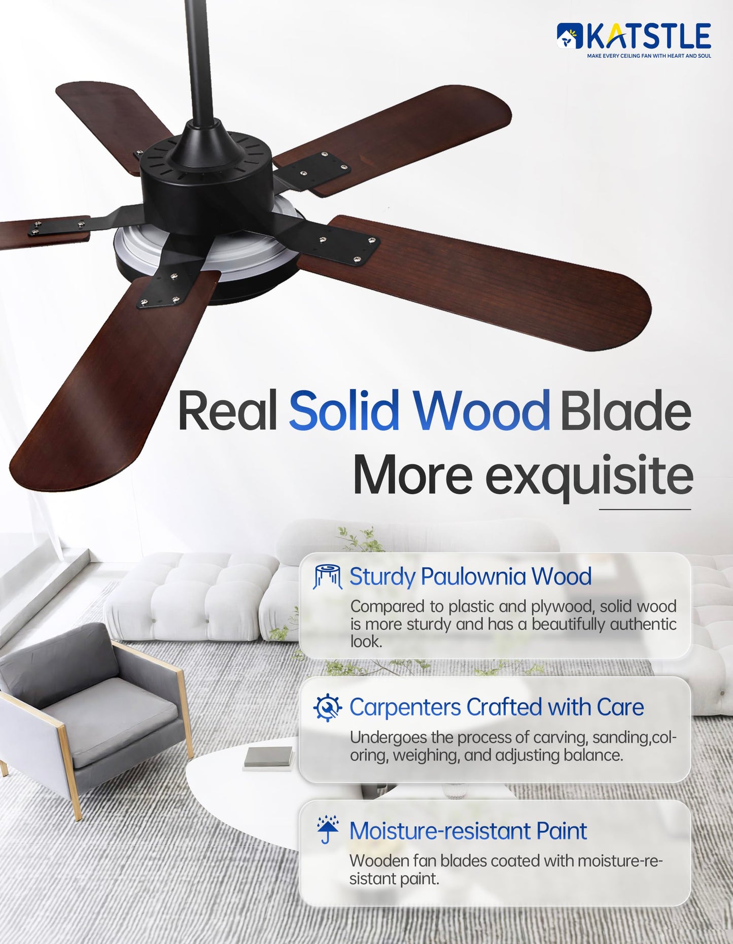 KATSTLE 52 Inch Solid Wood Ceiling Fan with Light Remote Control,5 Blades Quiet Reversible Modern Ceiling Fan for Indoor,Outdoor,Bedroom,Living Room,Office,Farmhouse,Patio(Walnut) - WoodArtSupply