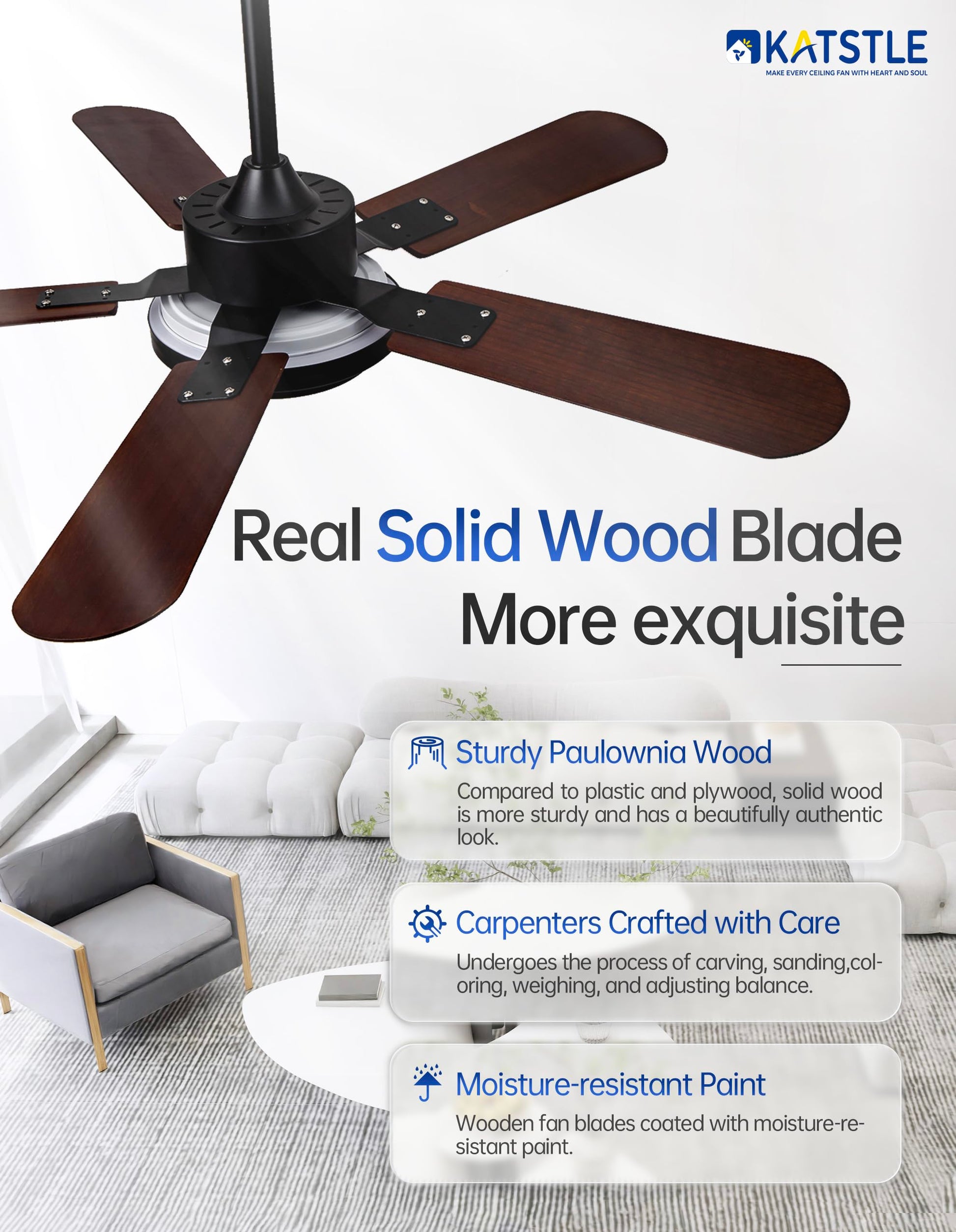 KATSTLE 52 Inch Solid Wood Ceiling Fan with Light Remote Control,5 Blades Quiet Reversible Modern Ceiling Fan for Indoor,Outdoor,Bedroom,Living Room,Office,Farmhouse,Patio(Walnut) - WoodArtSupply