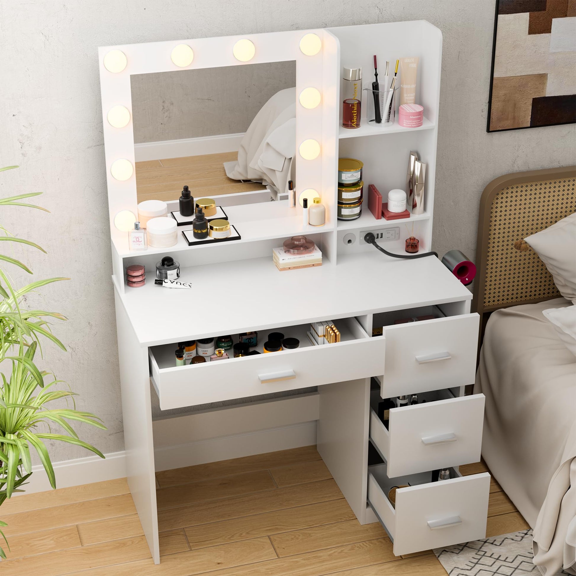 JUMMICO 39.3'' Vanity Desk with LED Lighted Mirror &Power Outlet, Makeup Vanity Table with 4 Large Drawers and 3 Storage Shelves, 3 Model Adjustable Lights for Bedroom & Dressing Room (White) - WoodArtSupply