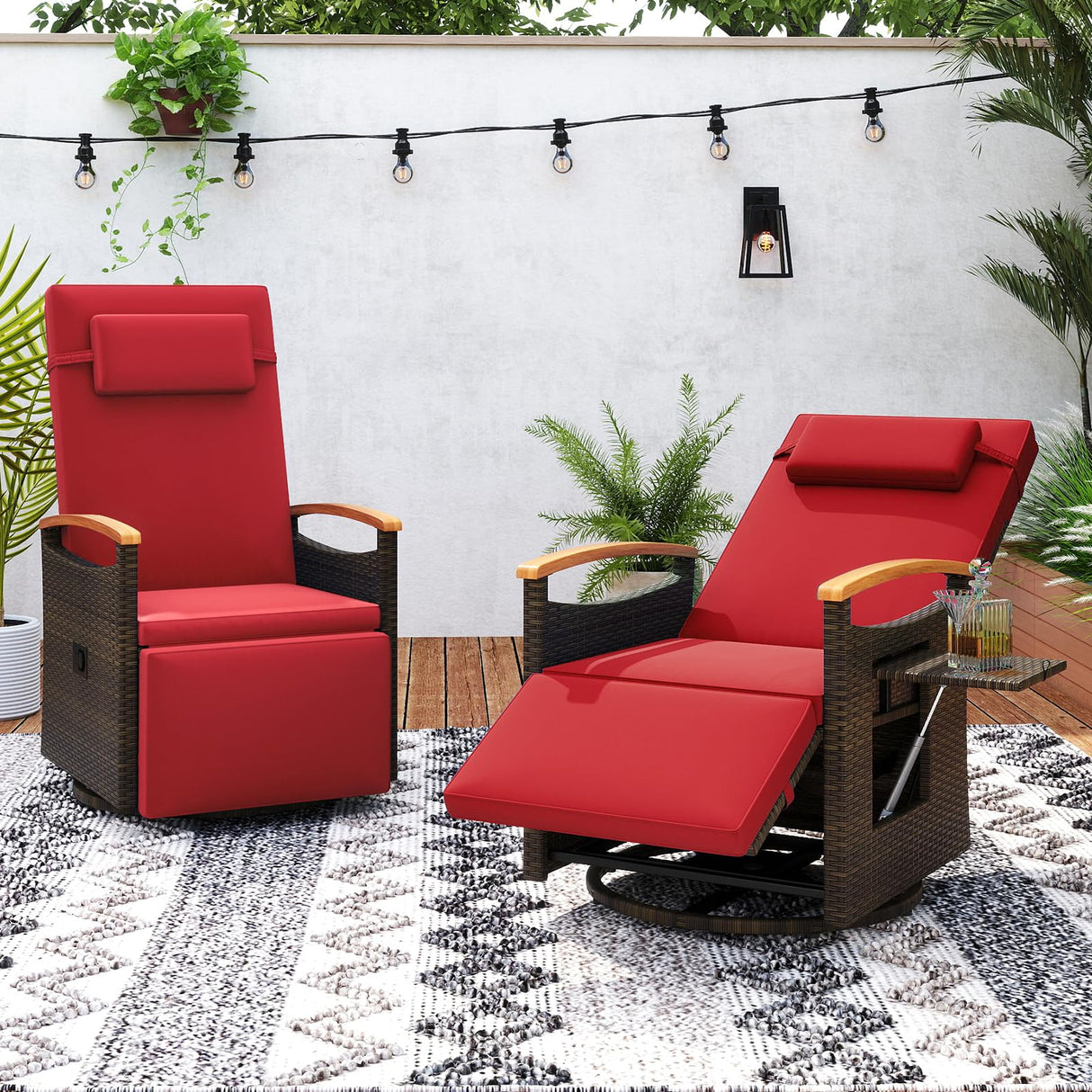 Tangkula Patio Rattan 360 Degree Swivel Recliner Chair, Wicker Lounge Chair w/Adjustable Backrest & Footrest, Cushioned Push Back Reclining Seat w/Flip Side Table for Porch, Yard, Lawn (Red,2) Tangkula