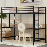 Metal Twin Size Loft Bed with Desk and Storage Shelves,Heavy Duty Loft Bed Frame with Safety Guardrail for Kids Boys Girls,Space Saving Twin,Black Bellemave