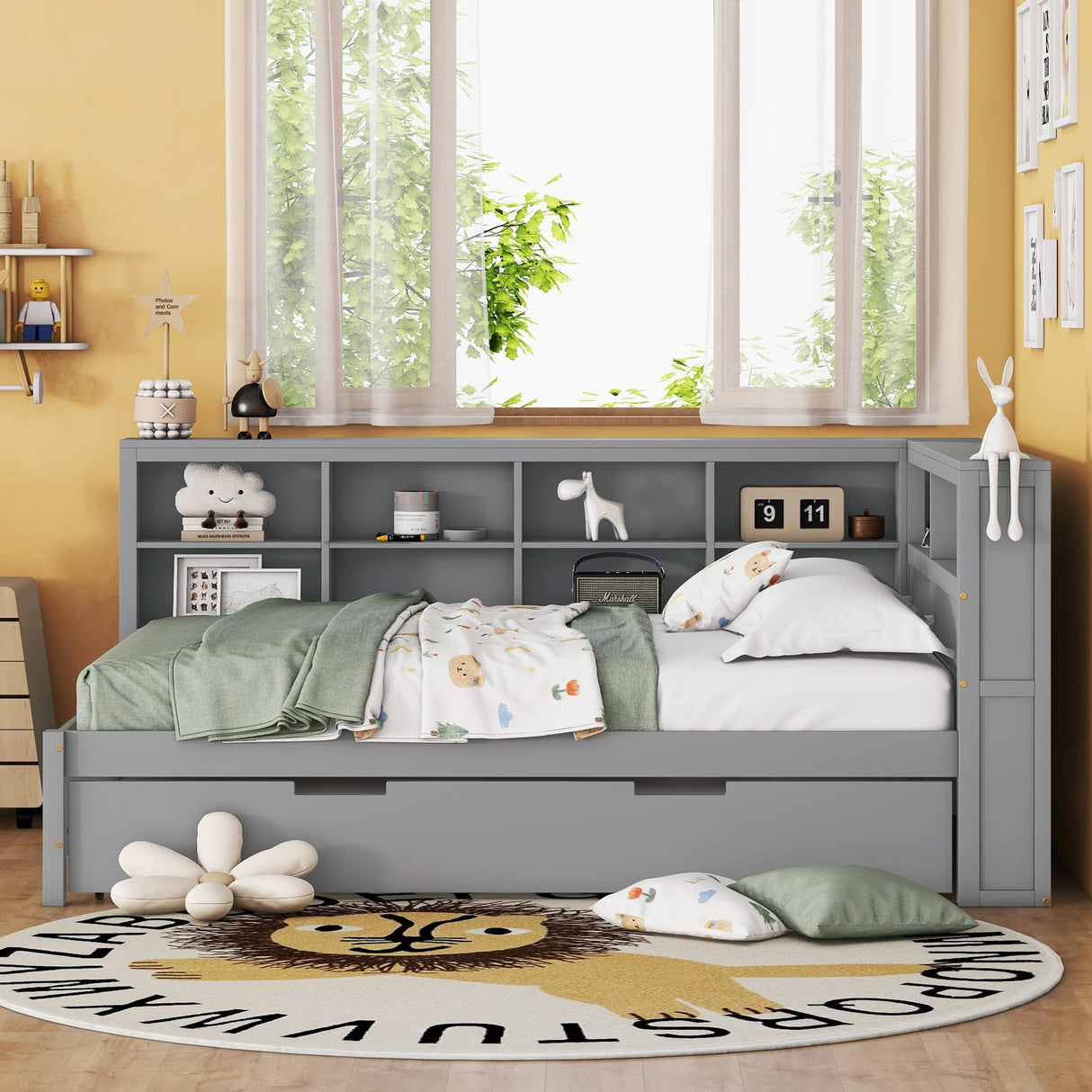 Merax Full Size Day Bed with Twin Trundle, Wooden DayBed with Storage Shelf and USB Charging Ports, Full Corner Bed Frame,Grey Merax